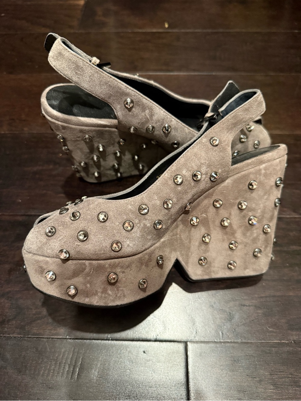 Robert Clergerie Gray Suede Studded Platform Slingbacks
